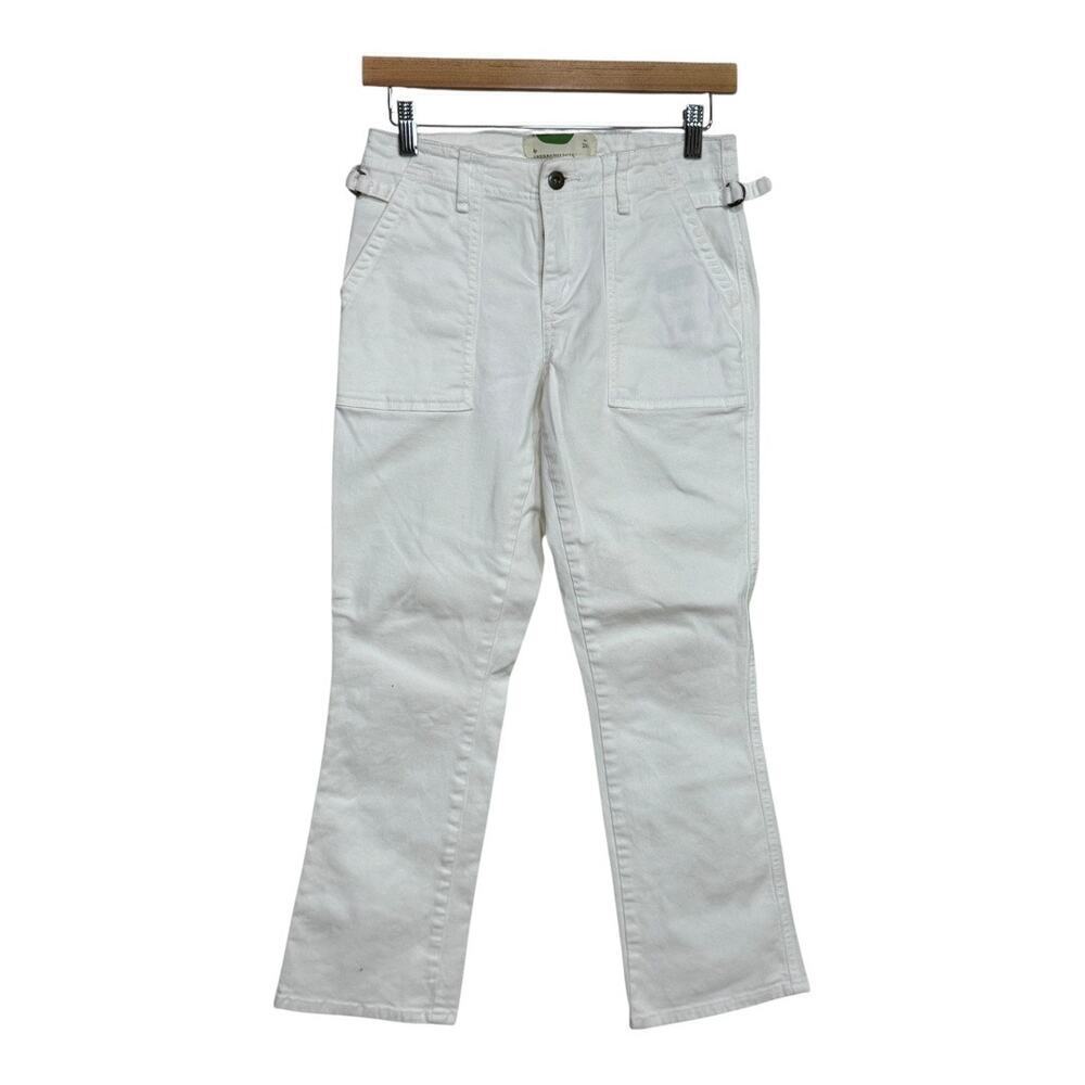 Anthropologie Cropped Pants Womens Sz 26 White Slight Flare Belted Utility Chino - Picture 3 of 8